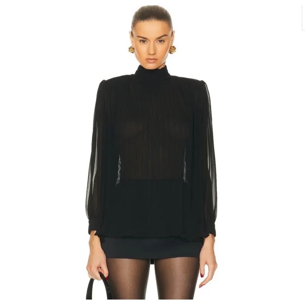 FRAME Black Plisse Chiffon Blouse M Pleated High Neck Minimalist Quiet Luxury